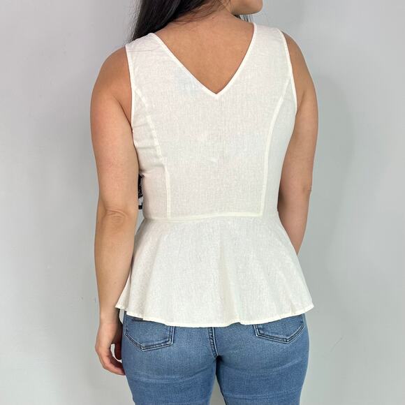 Modcloth Tan Linen Button Front Peplum Sleeveless Top - Picture 3 of 7